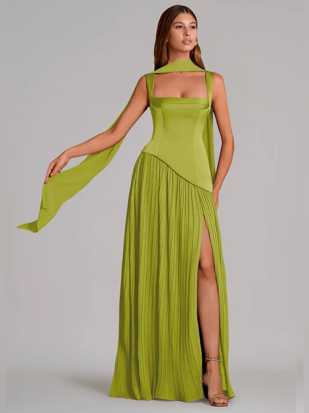 Azazie Stephanie Chartreuse Pleated Gown with Corset & Scarf (Fits Like Size 14)